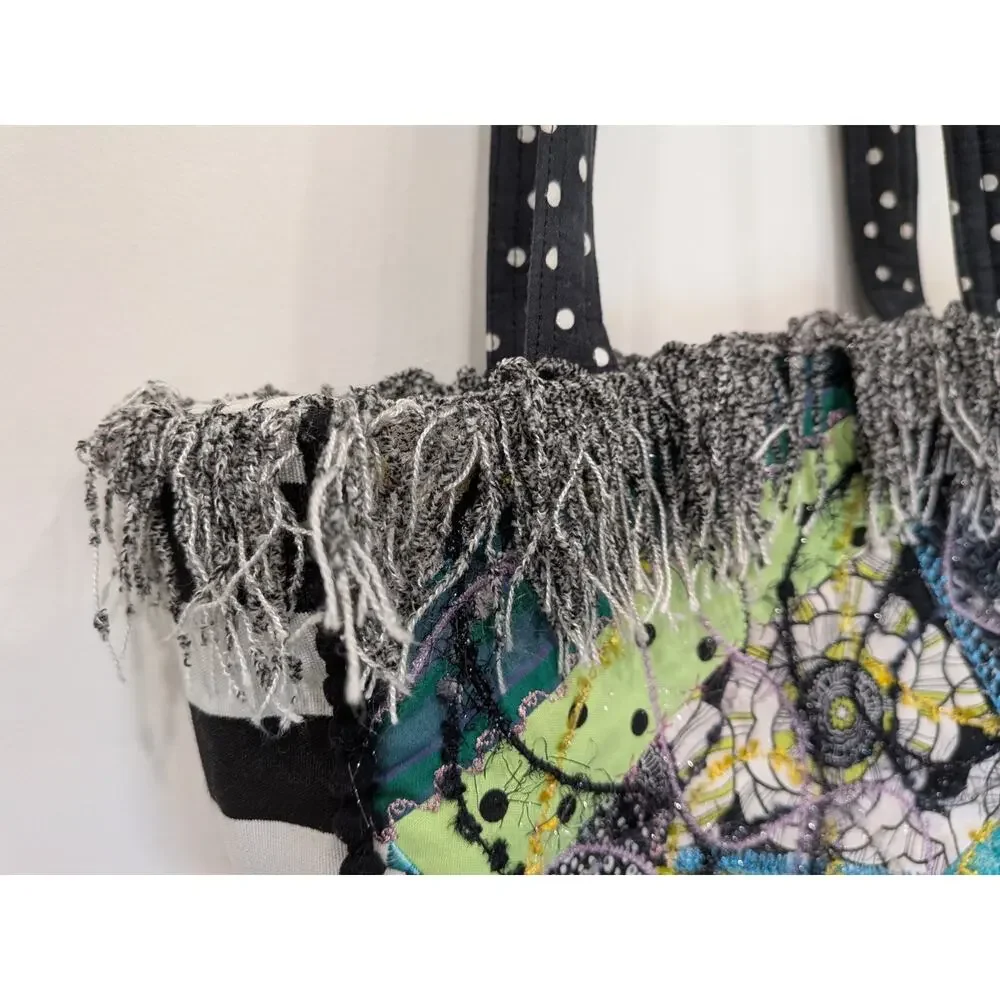 Quilted Patchwork Tote Purse Bag Boho Mixed Media Fringe Pikake Design Embelish